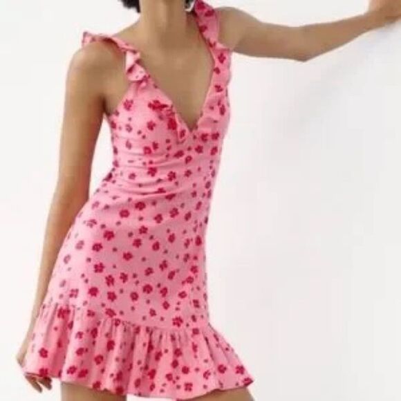 NWT Zara Floral Ruffle Linen V-Neck Mini Dress Pink/ Red Sz S - Picture 4 of 14